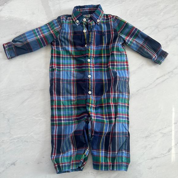 Ralph Lauren Polo horse blue plaid lined romper boys 6 month jersey button front - Picture 1 of 9